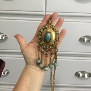 Vintage Etruscan Revival Faux Turquoise Glass Cabochon Necklace